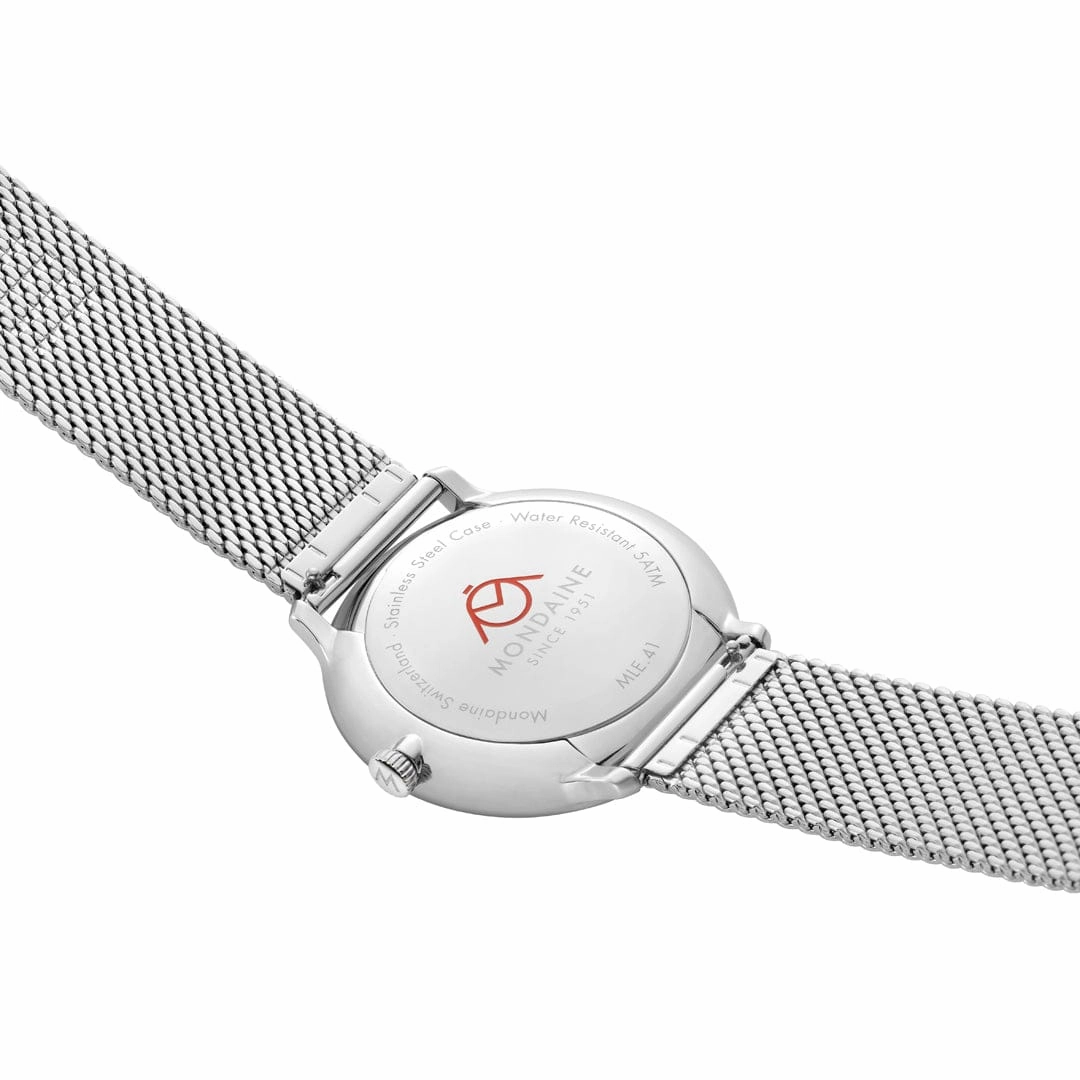 Mondaine Doppio 41mm White Dial Silver Mesh Bracelet Watch MLE.41210.SM
