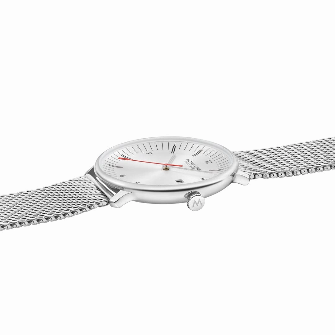 Mondaine Doppio 41mm White Dial Silver Mesh Bracelet Watch MLE.41210.SM