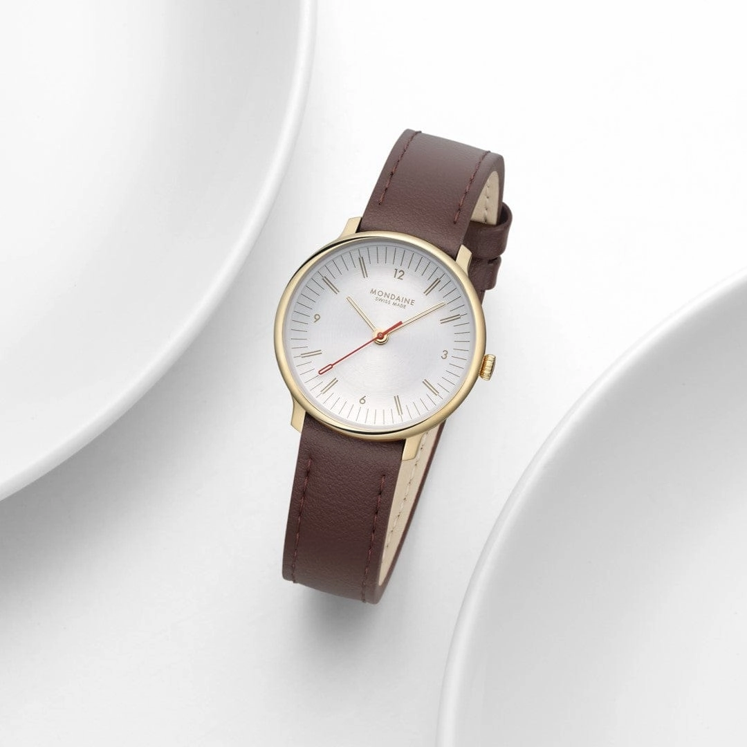 Mondaine Doppio White Dial Brown Vegan Grape Leather Watch MLE.33110.LGV