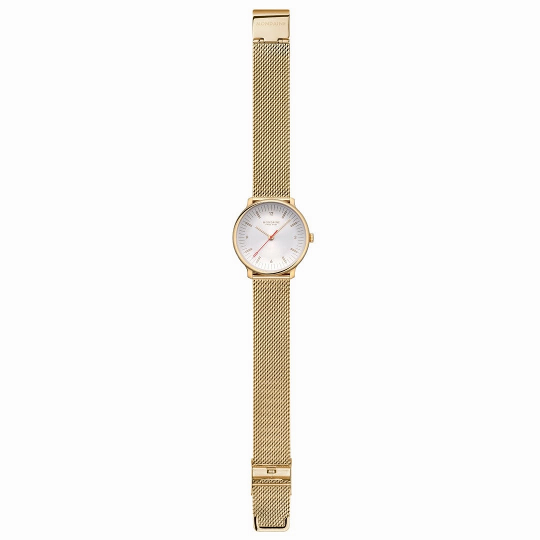 Mondaine Doppio White Dial Gold Mesh Bracelet Watch MLE.33111.SM