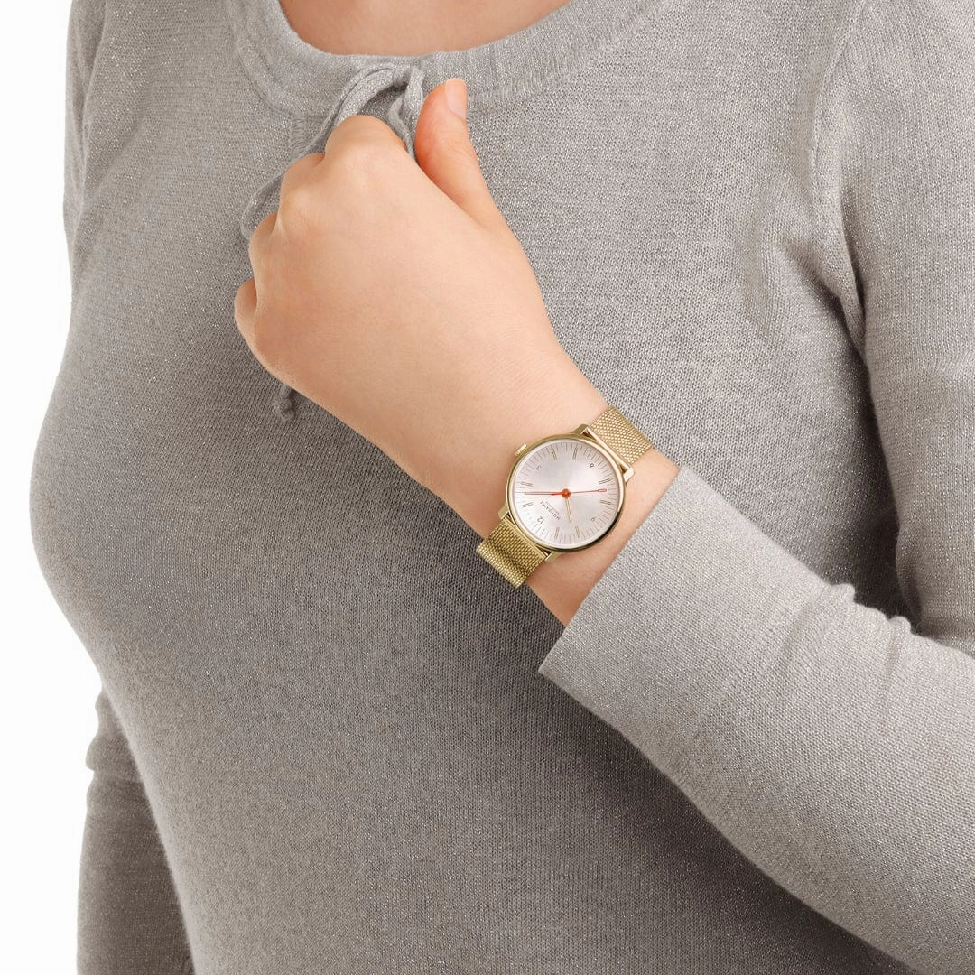 Mondaine Doppio White Dial Gold Mesh Bracelet Watch MLE.33111.SM