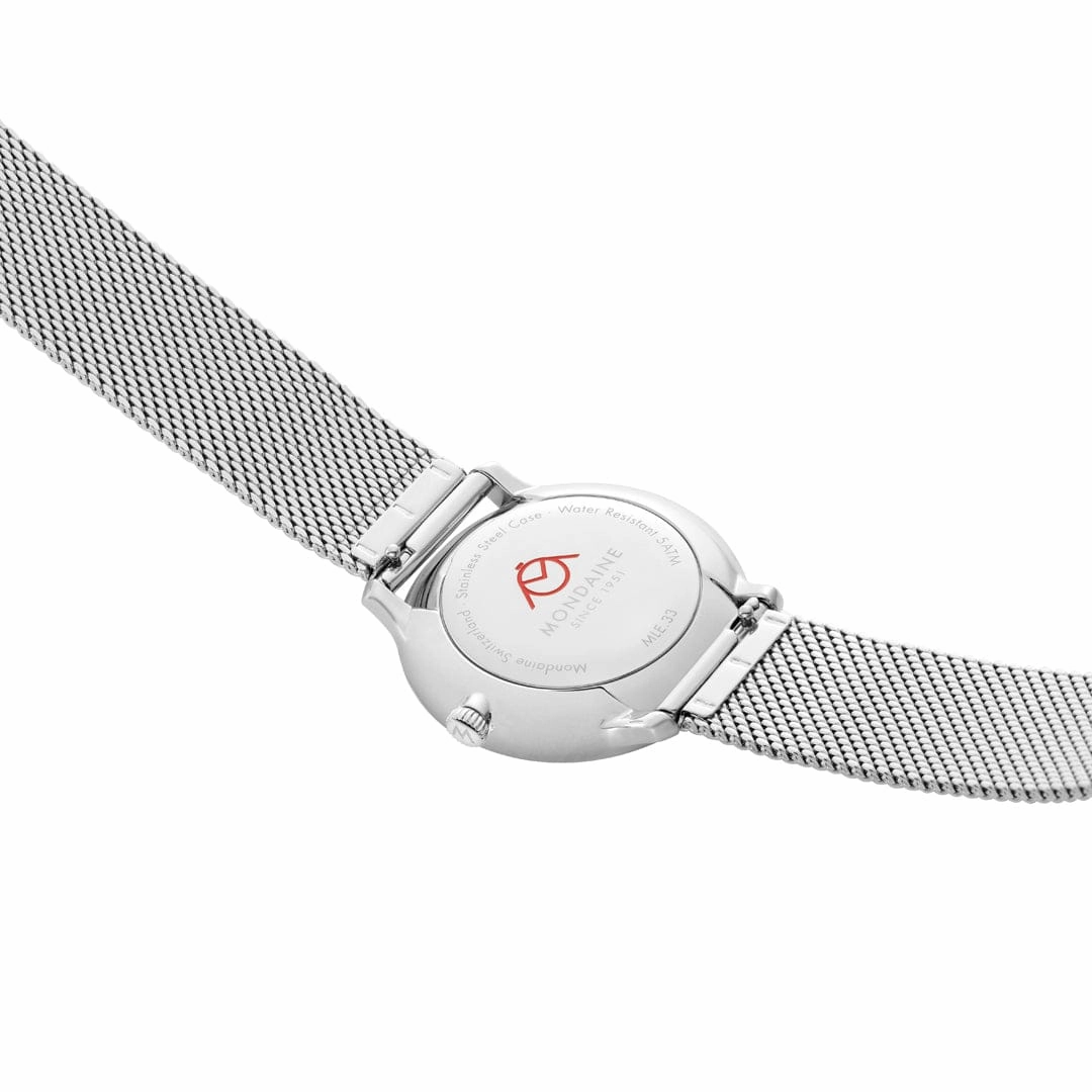 Mondaine Doppio White Dial Silver Mesh Bracelet Watch MLE.33110.SM