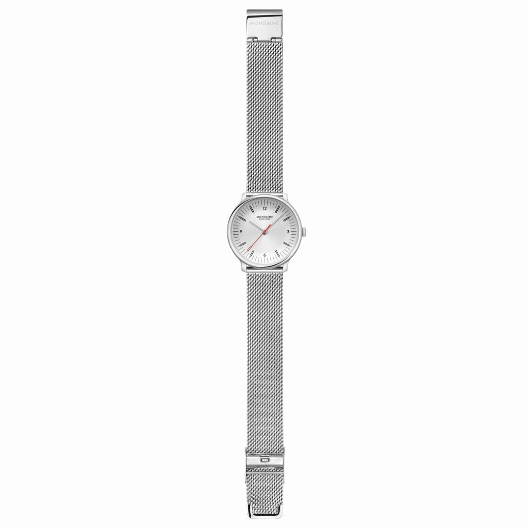 Mondaine Doppio White Dial Silver Mesh Bracelet Watch MLE.33110.SM