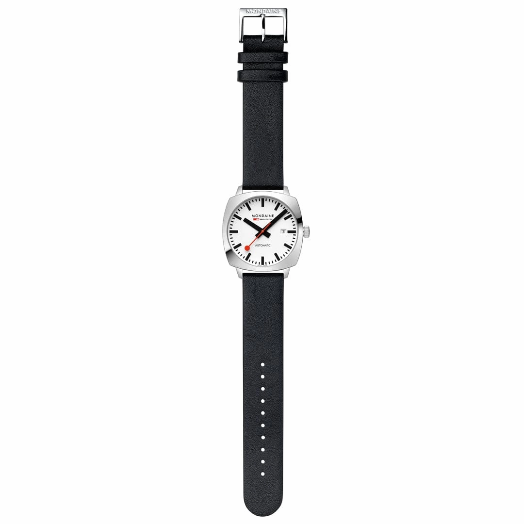Mondaine Grand Cushion Automatic White Dial Black Leather Watch MSL.3961B.LBV