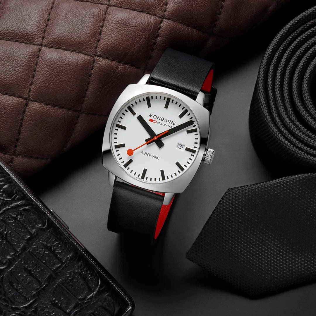 Mondaine Grand Cushion Automatic White Dial Black Leather Watch MSL.3961B.LBV