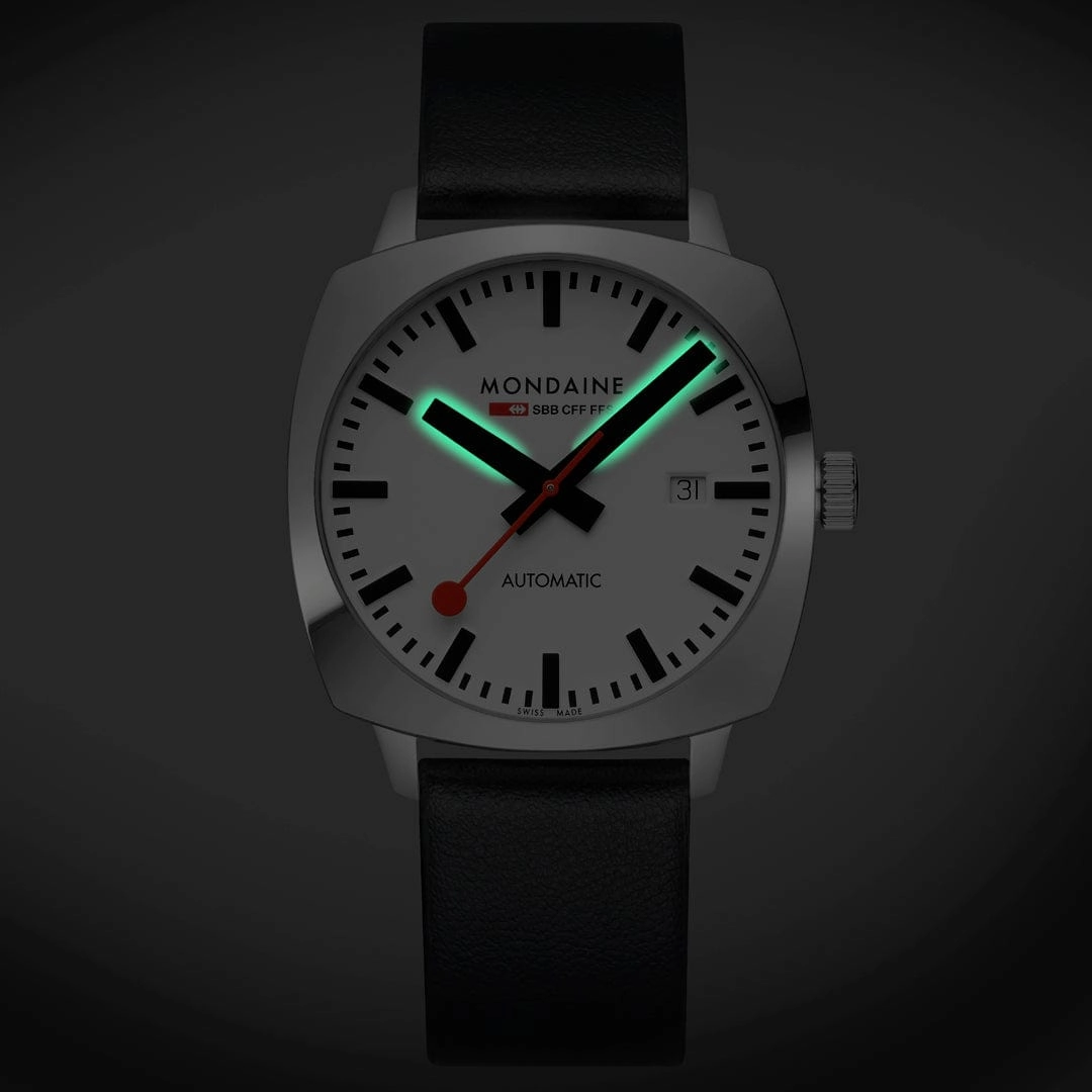 Mondaine Grand Cushion Automatic White Dial Black Leather Watch MSL.3961B.LBV