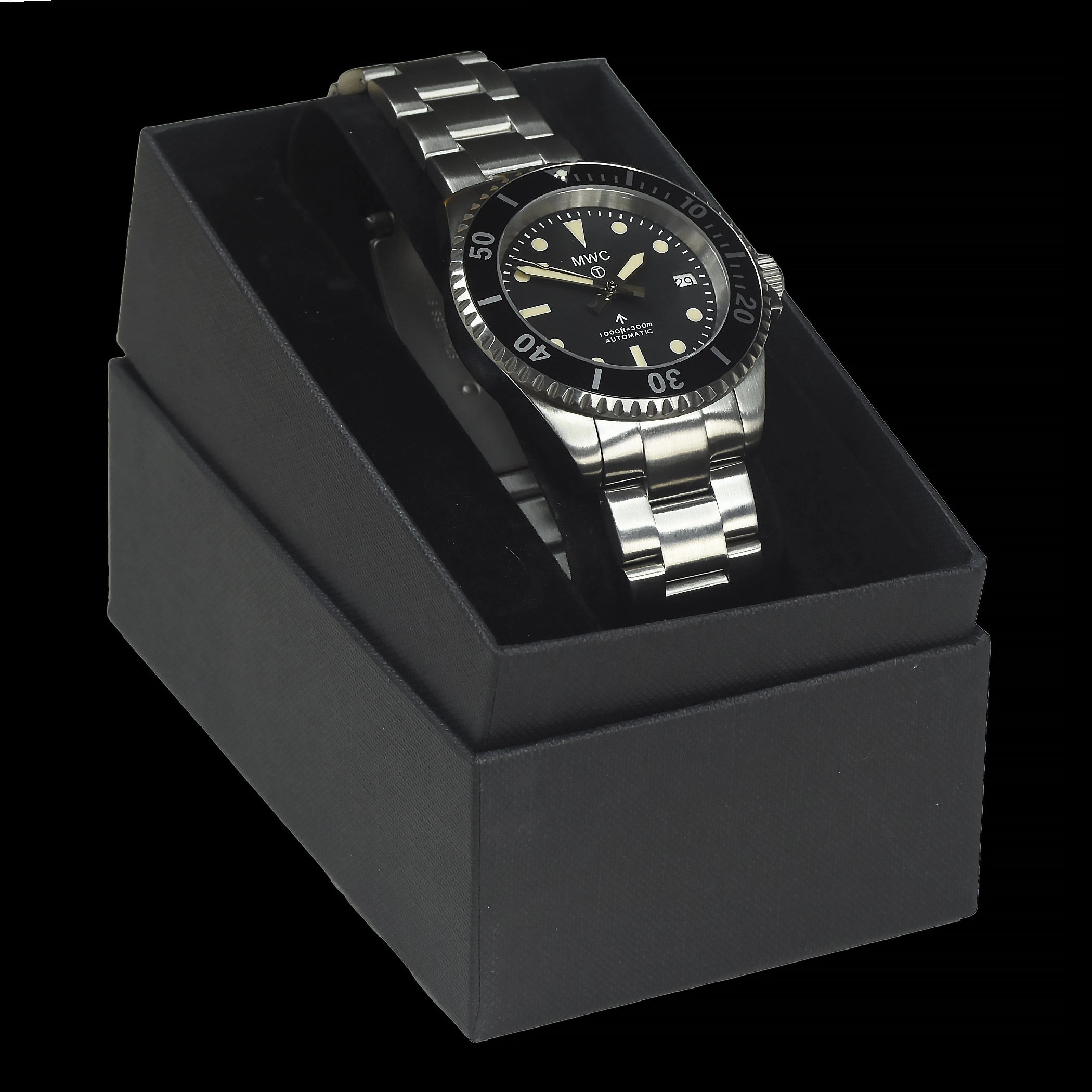 MWC 24 Jewel 1982 Pattern 300m Automatic Military Divers Watch with Sapphire Crystal on a Matching Stainless Steel Bracelet (Date Version)