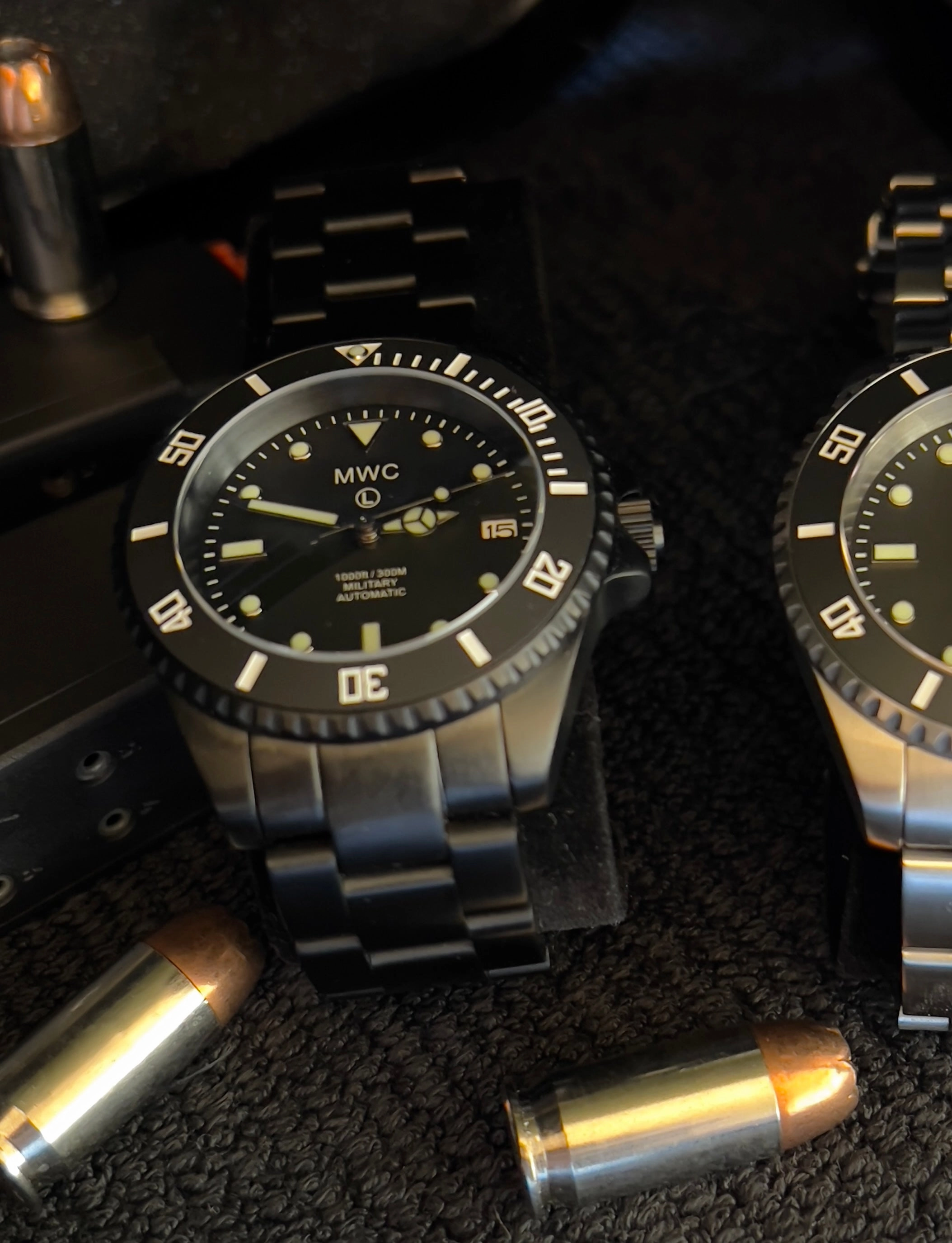 MWC 24 Jewel 300m Automatic Military Divers Watch with Sapphire Crystal and Ceramic Bezel on a Matching Stainless Steel Bracelet