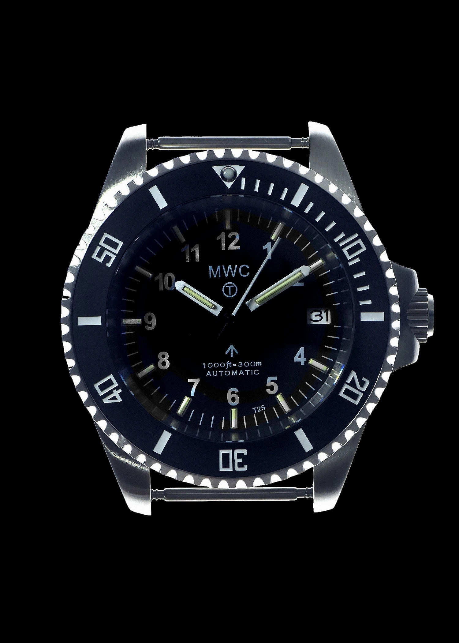 MWC 24 Jewel 300m Automatic Military Divers Watch with Tritium GTLS Illumination, Sapphire Crystal and Ceramic Bezel and Steel Bracelet