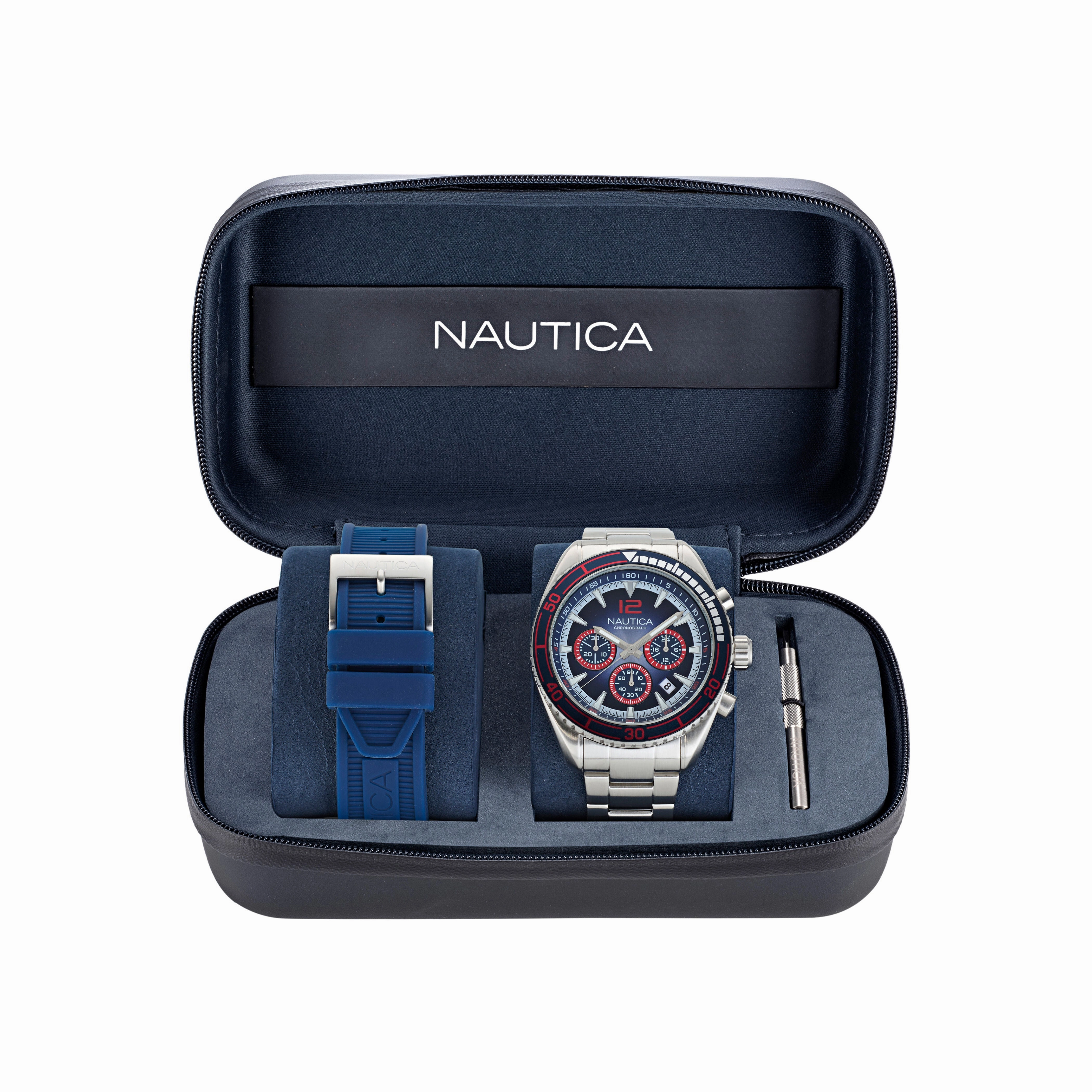 Nautica Key Biscane Stainless Steel And Silicone Watch Box Set