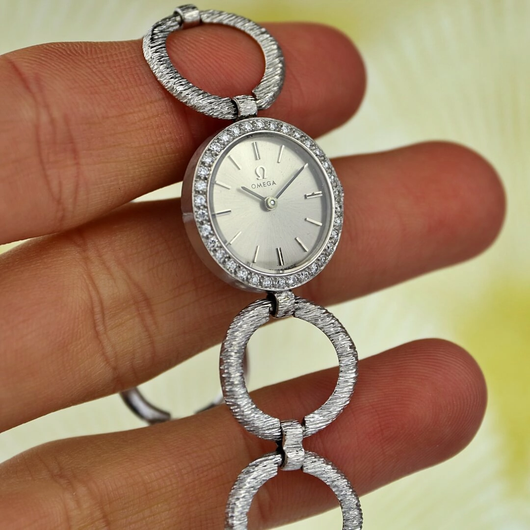 Omega 18k white gold cocktail watch with diamond bezel, 1964