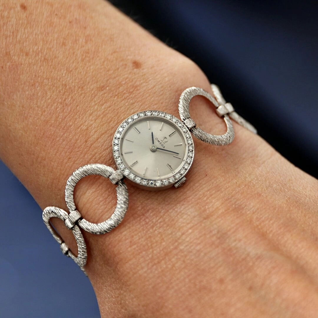 Omega 18k white gold cocktail watch with diamond bezel, 1964
