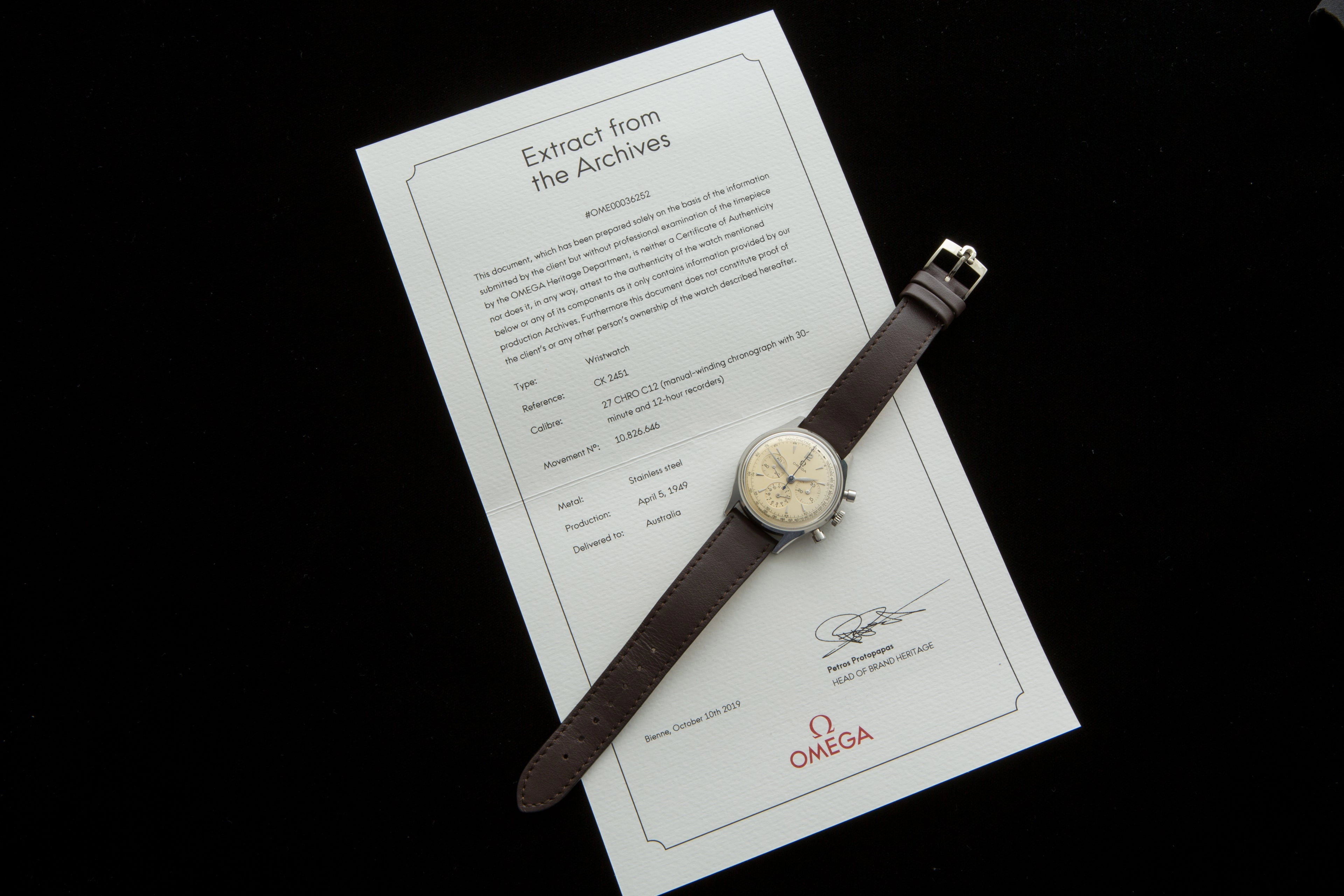 Omega chronograph Ref 2451 with extract from the archives
