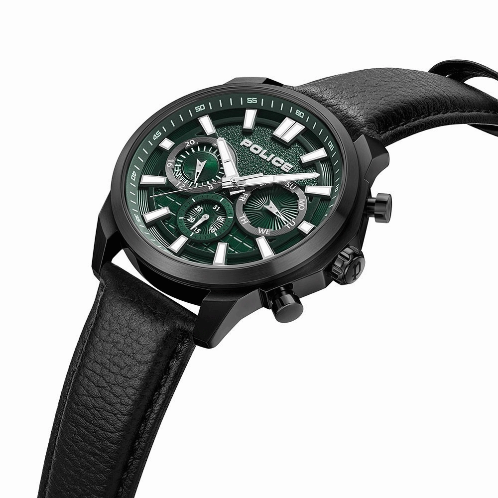 Police Chronograph Green Dial Black Leather Band Rangy Men's Watch PEWGF0021007
