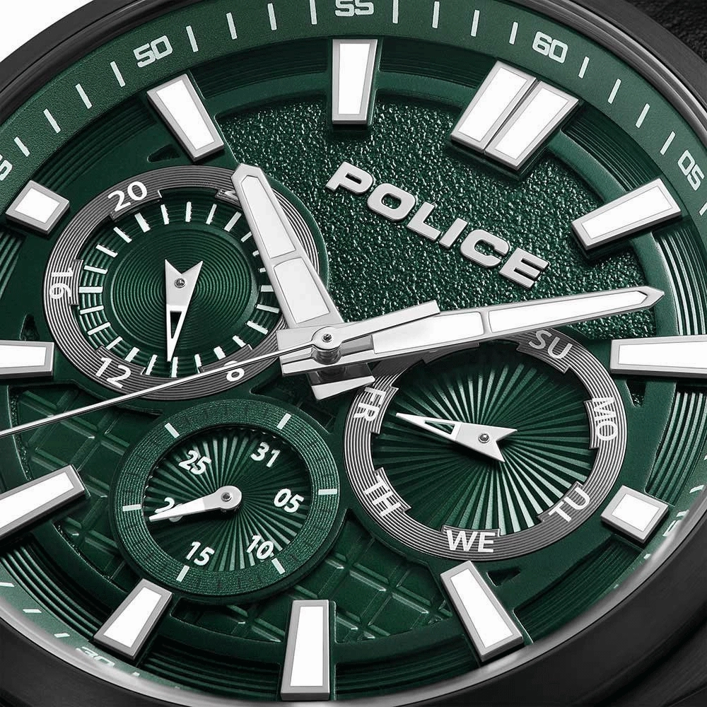 Police Chronograph Green Dial Black Leather Band Rangy Men's Watch PEWGF0021007