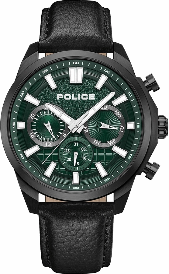 Police Chronograph Green Dial Black Leather Band Rangy Men's Watch PEWGF0021007