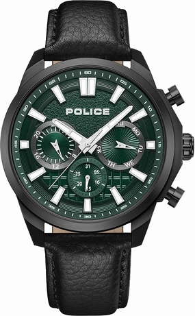 Police Chronograph Green Dial Black Leather Band Rangy Men's Watch PEWGF0021007
