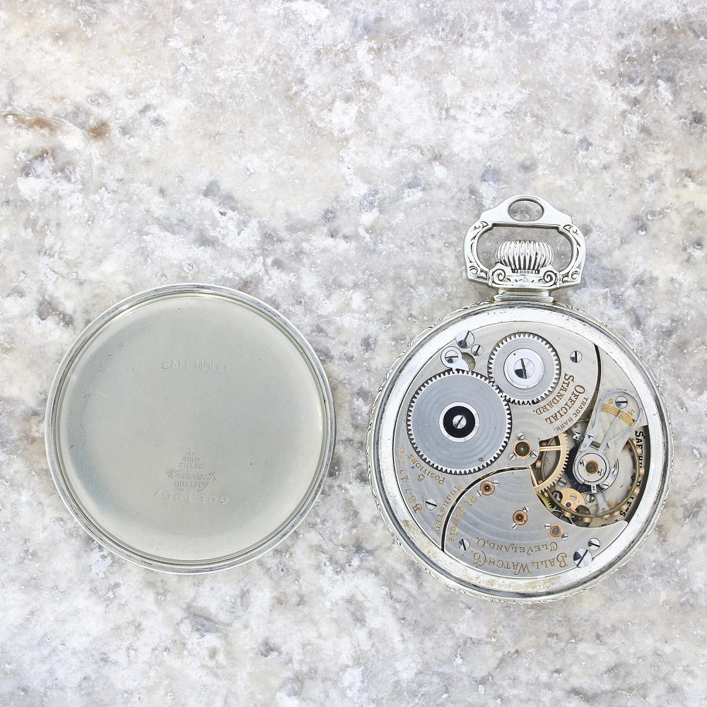 Pre Owned Ball Watch Co Cleveland Official RR Railroad 14ct White Gold Filled Pocket Watch RW0628