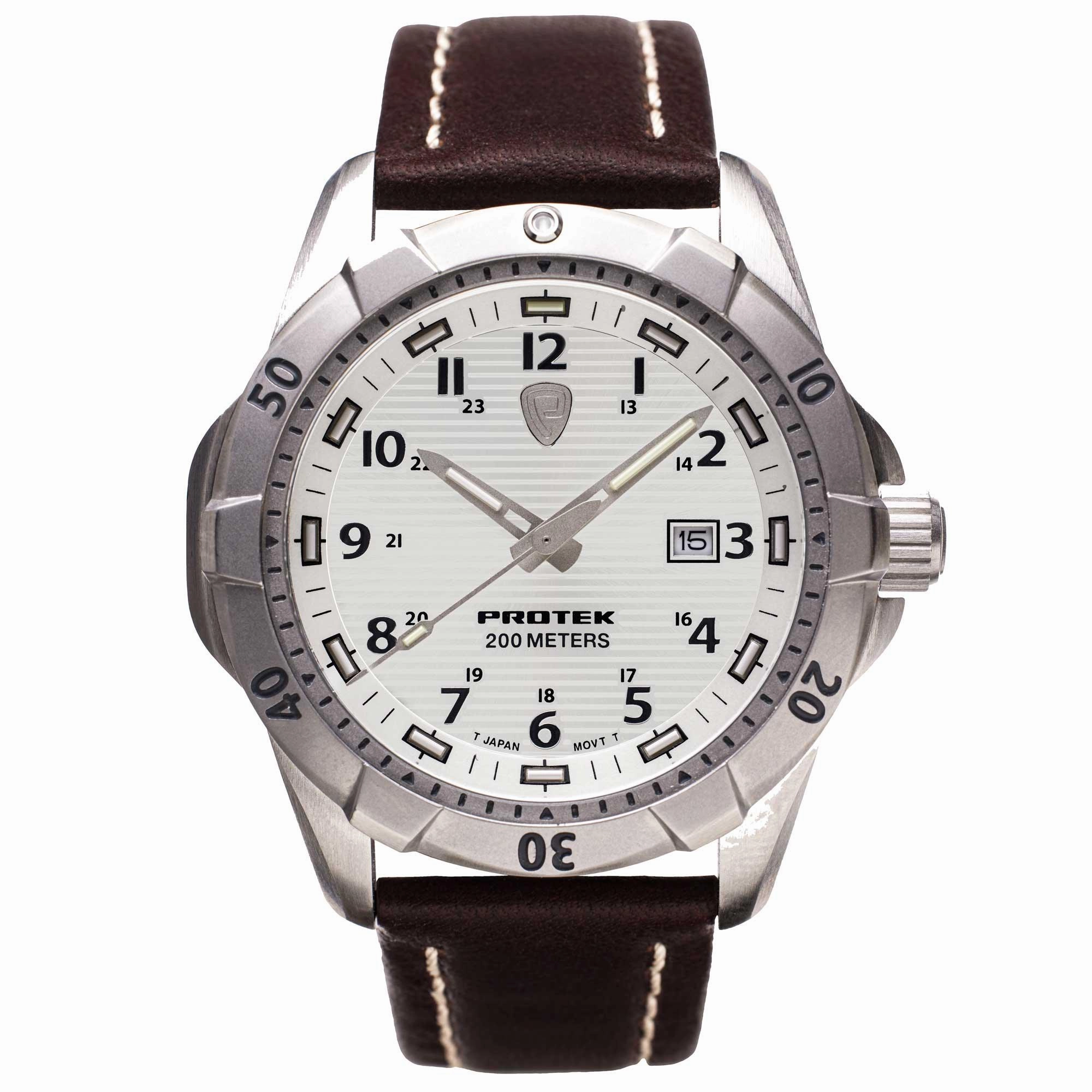 Protek Unisex Quartz Watch - Dive Series Rotating Bezel Brown Leather Strap | 2005
