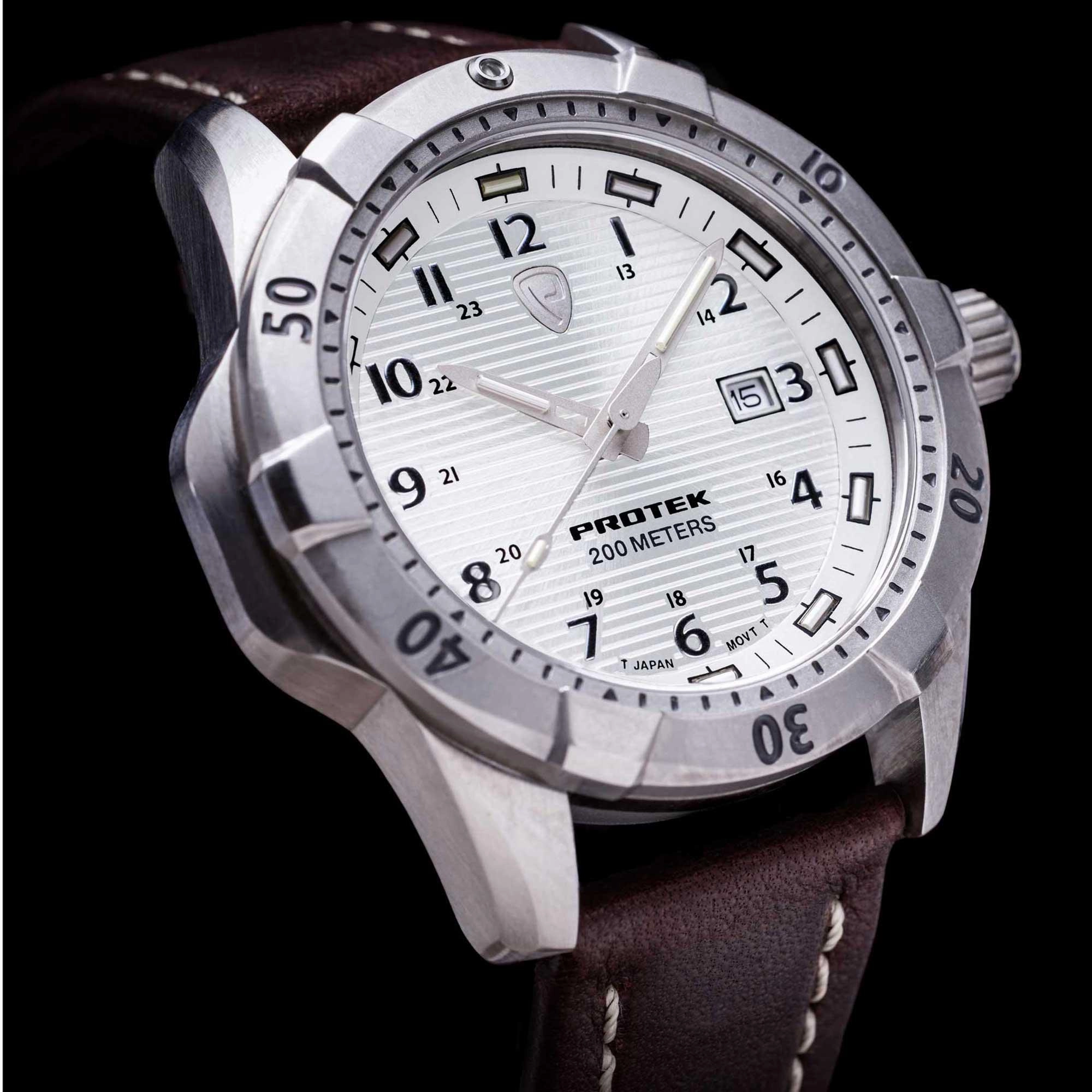 Protek Unisex Quartz Watch - Dive Series Rotating Bezel Brown Leather Strap | 2005