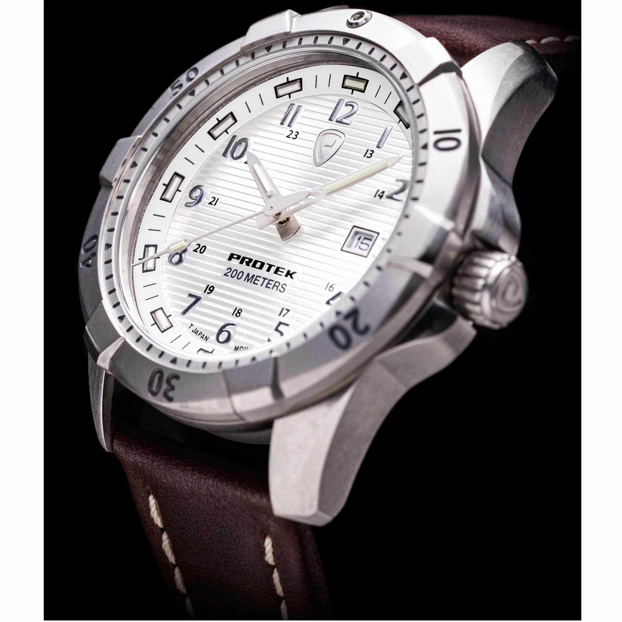 Protek Unisex Quartz Watch - Dive Series Rotating Bezel Brown Leather Strap | 2005