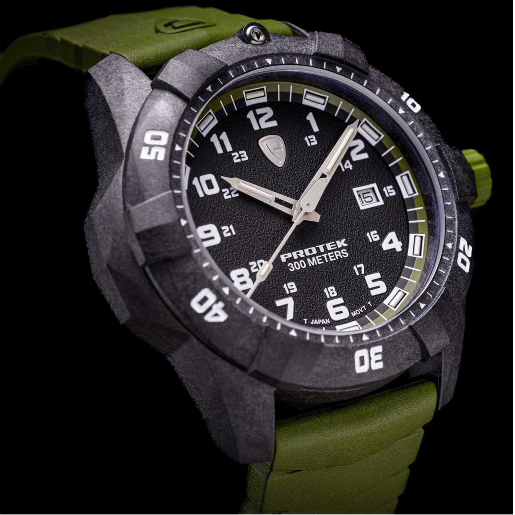 Protek Unisex Quartz Watch - Dive Series Rotating Bezel Green Rubber Strap | 1005G
