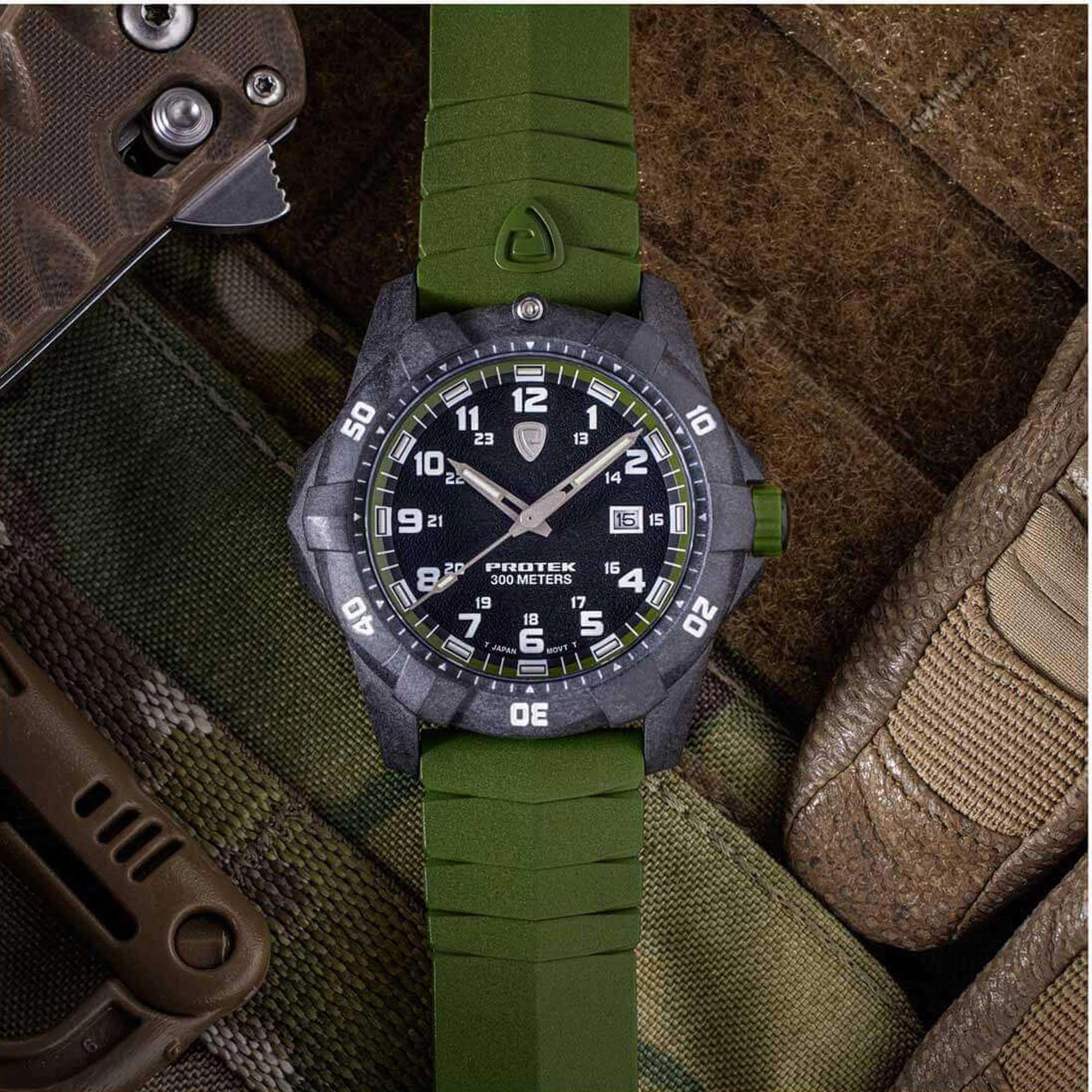 Protek Unisex Quartz Watch - Dive Series Rotating Bezel Green Rubber Strap | 1005G