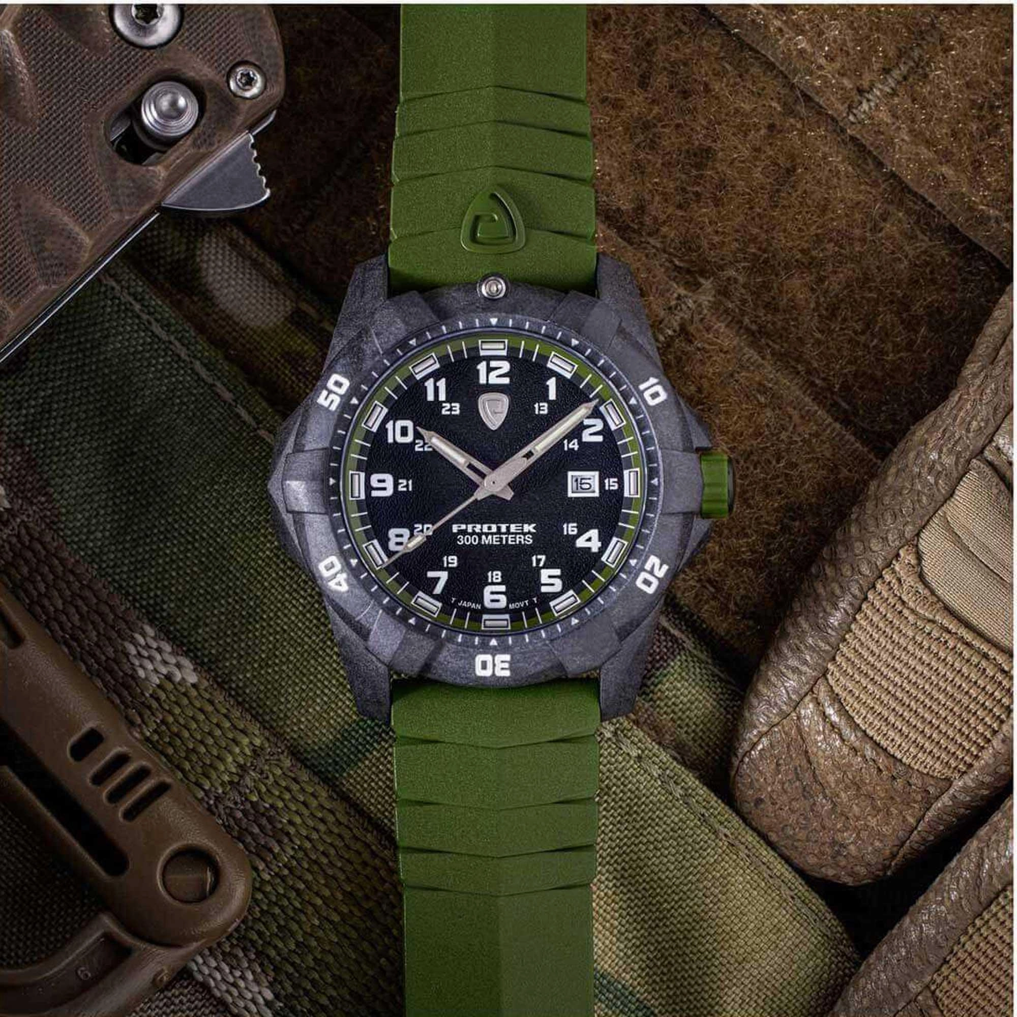 Protek Unisex Quartz Watch - Dive Series Rotating Bezel Green Rubber Strap | 1005G
