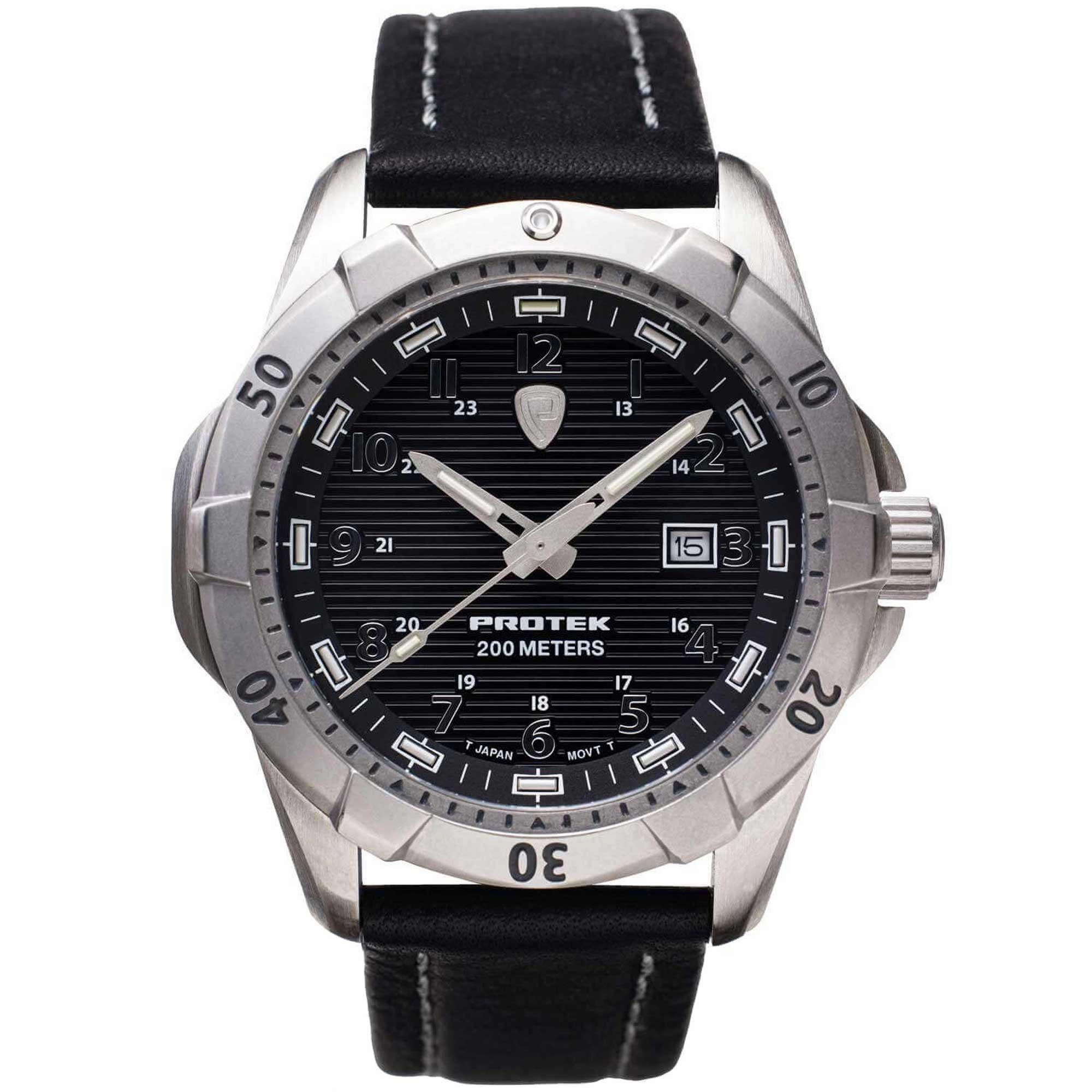 Protek Unisex Quartz Watch - Dive Series Silver Tone Case Black Leather Strap | 2001