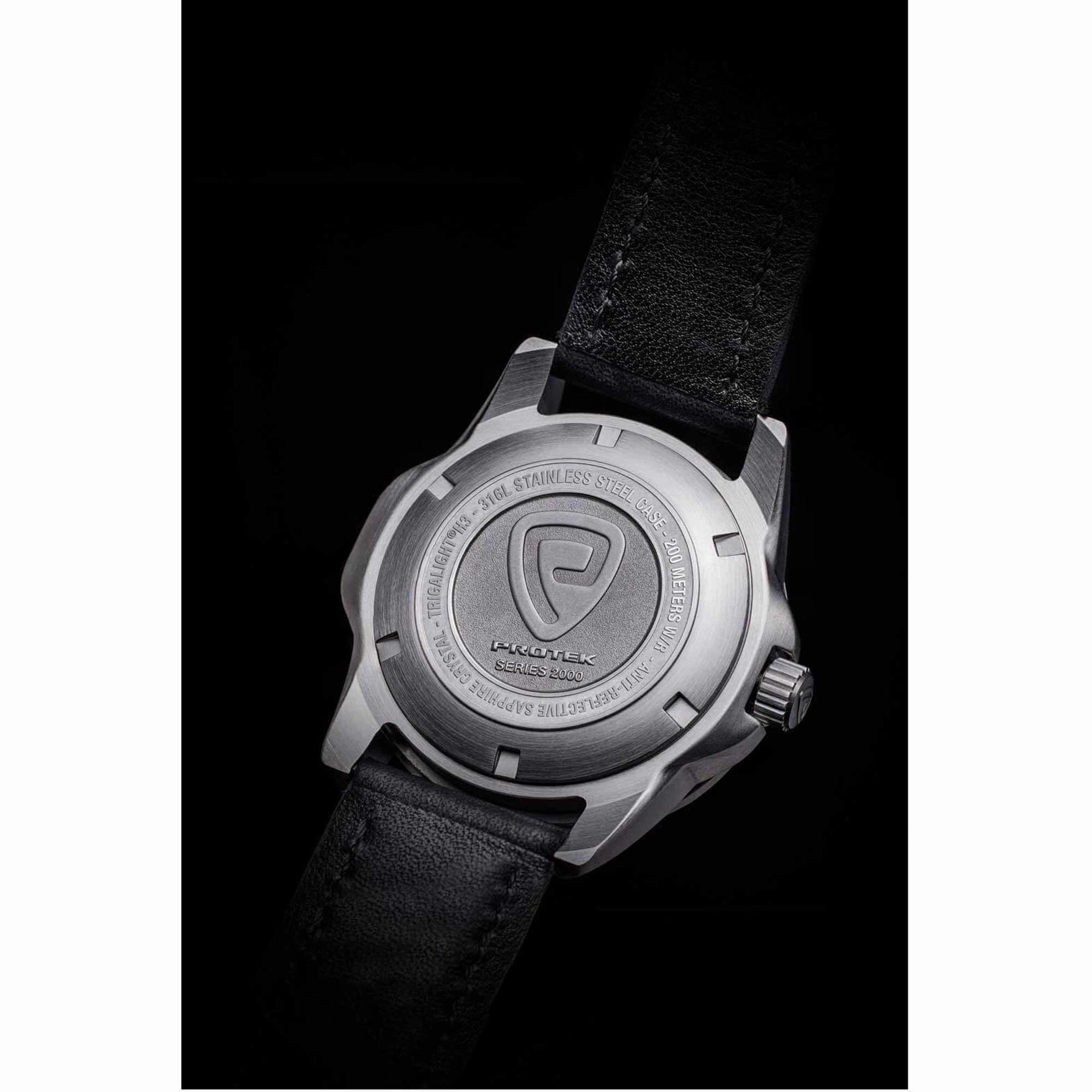 Protek Unisex Quartz Watch - Dive Series Silver Tone Case Black Leather Strap | 2001