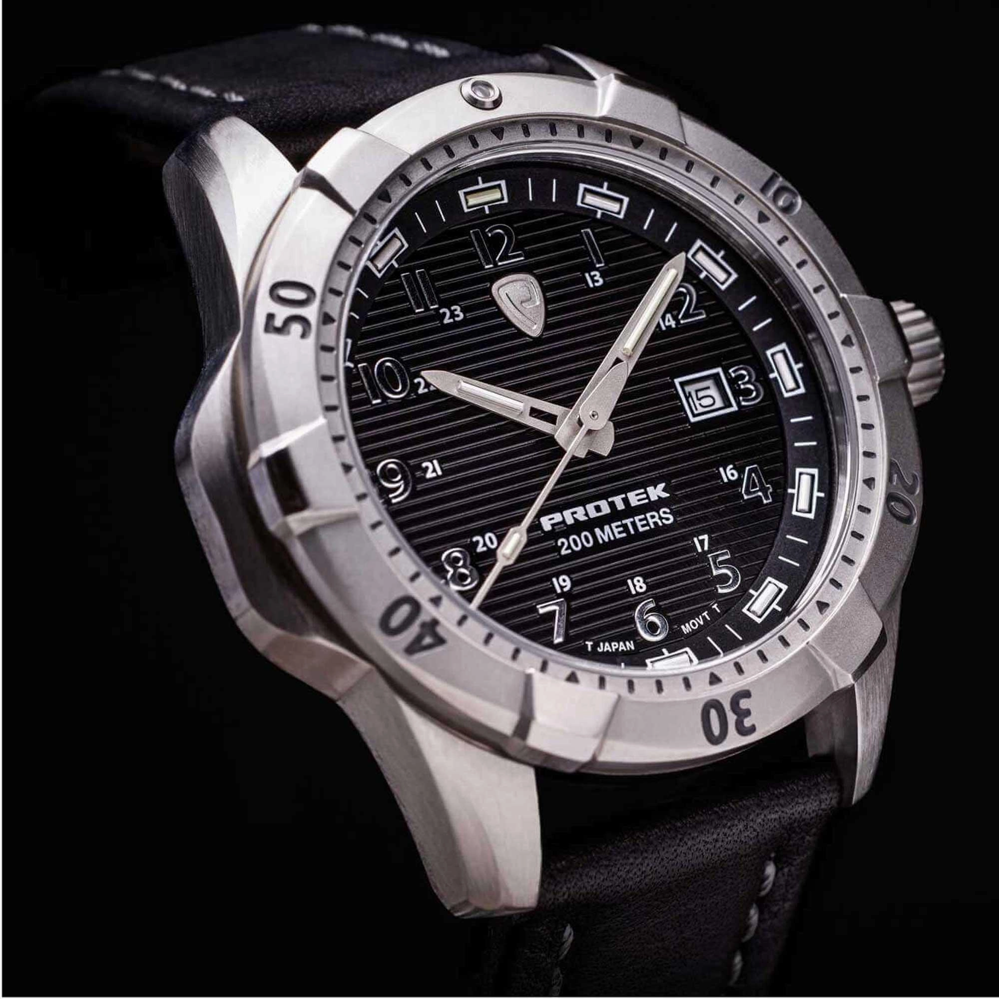 Protek Unisex Quartz Watch - Dive Series Silver Tone Case Black Leather Strap | 2001