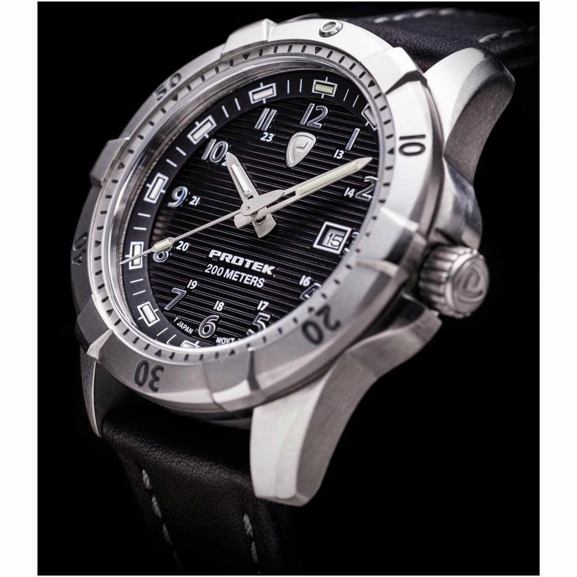 Protek Unisex Quartz Watch - Dive Series Silver Tone Case Black Leather Strap | 2001