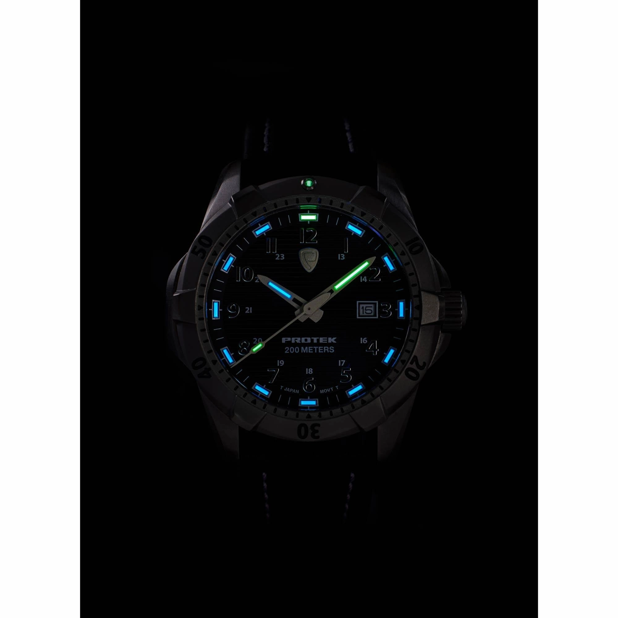 Protek Unisex Quartz Watch - Dive Series Silver Tone Case Black Leather Strap | 2001