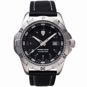 Protek Unisex Quartz Watch - Dive Series Silver Tone Case Black Leather Strap | 2001
