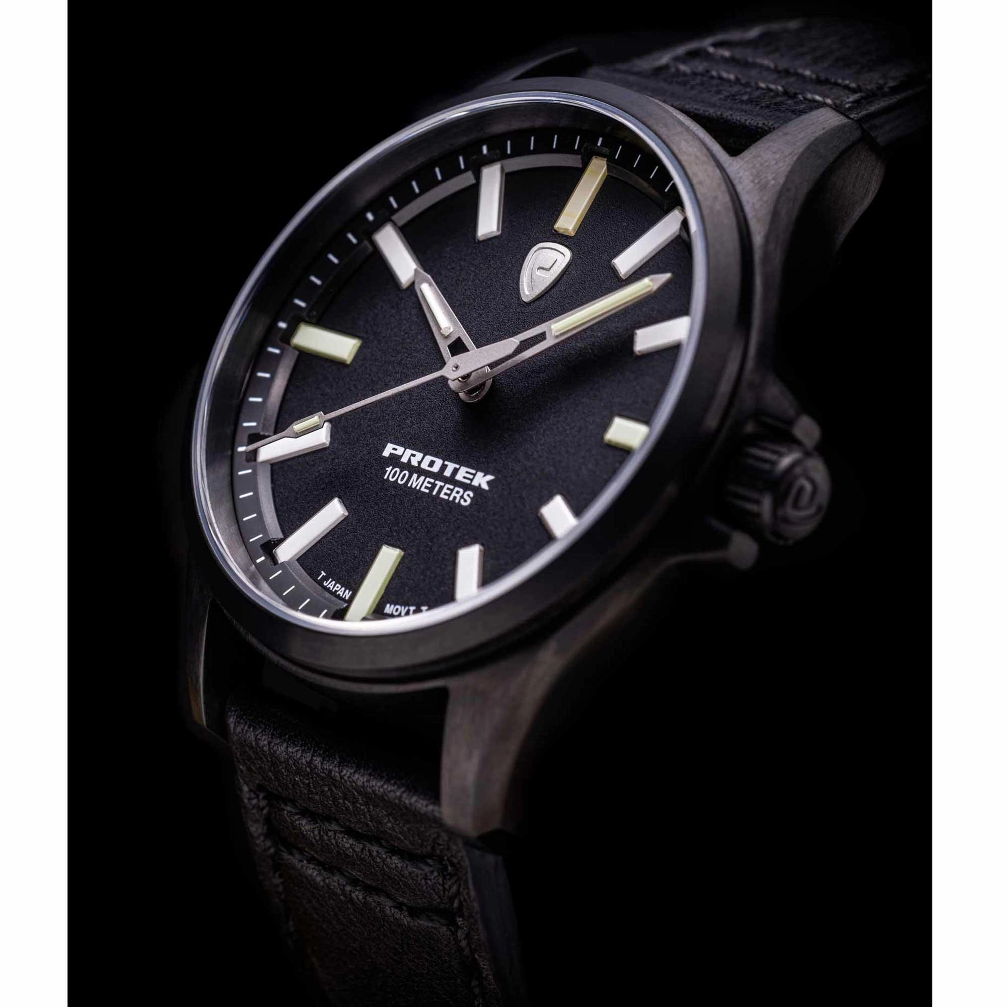 Protek Unisex Watch - Field Series Japanese Quartz Genuine Black Leather Strap | 3002