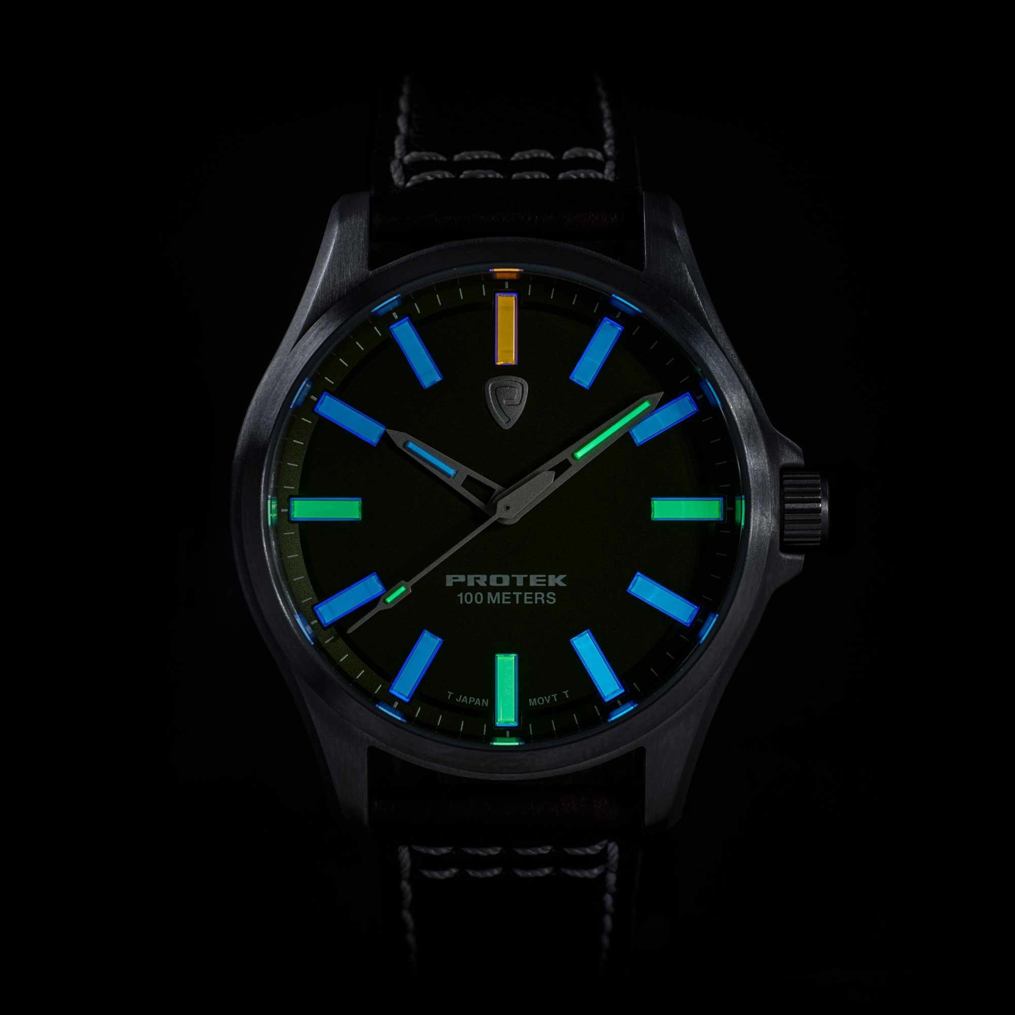 Protek Unisex Watch - Field Series Japanese Quartz Genuine Black Leather Strap | 3002