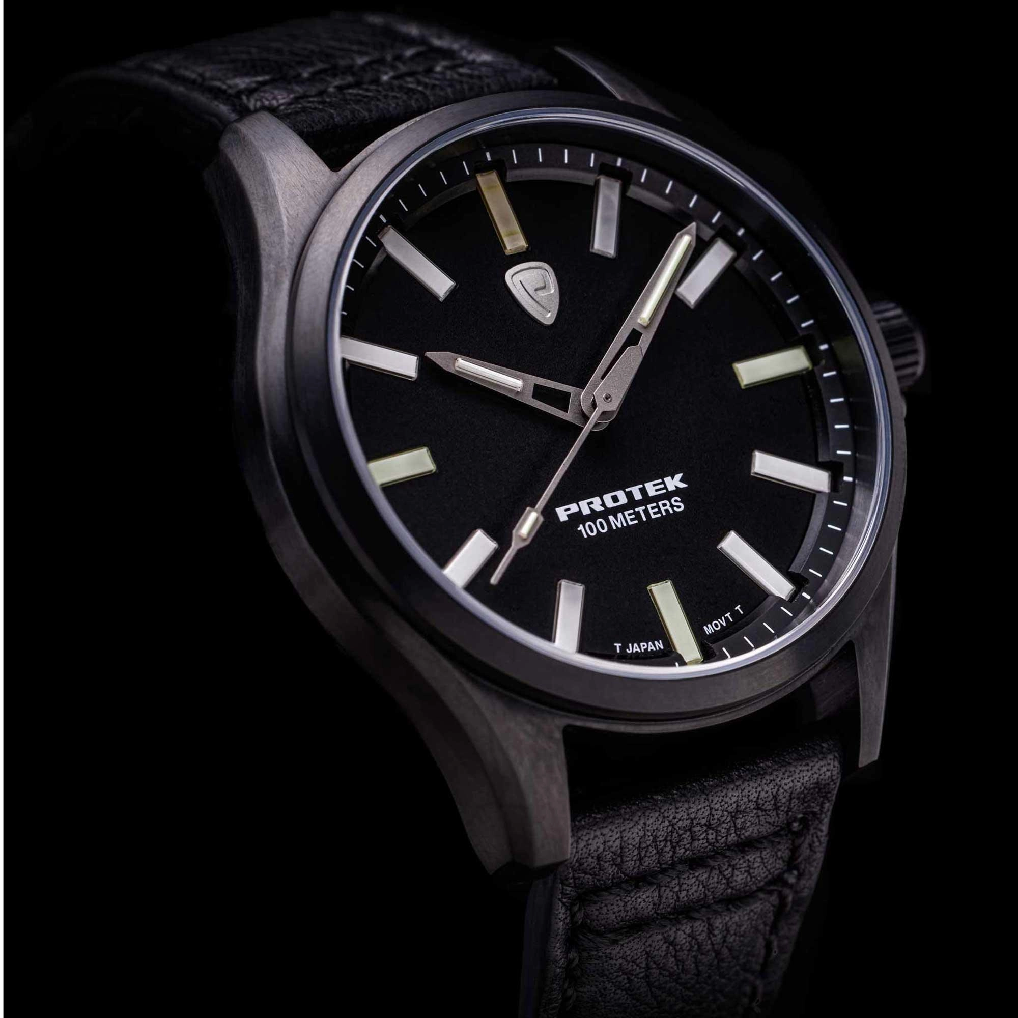 Protek Unisex Watch - Field Series Japanese Quartz Genuine Black Leather Strap | 3002