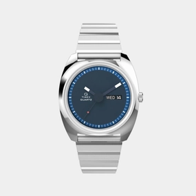 Q Timex 1975 Enigma Reissue Men Quartz Blue Dial Analog Stainless Steel Watch TW2W59800UJ