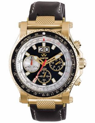 Reactor Mens Valkyrie Flight Chrono - Black Dial - Gold-Tone Steel - Leather