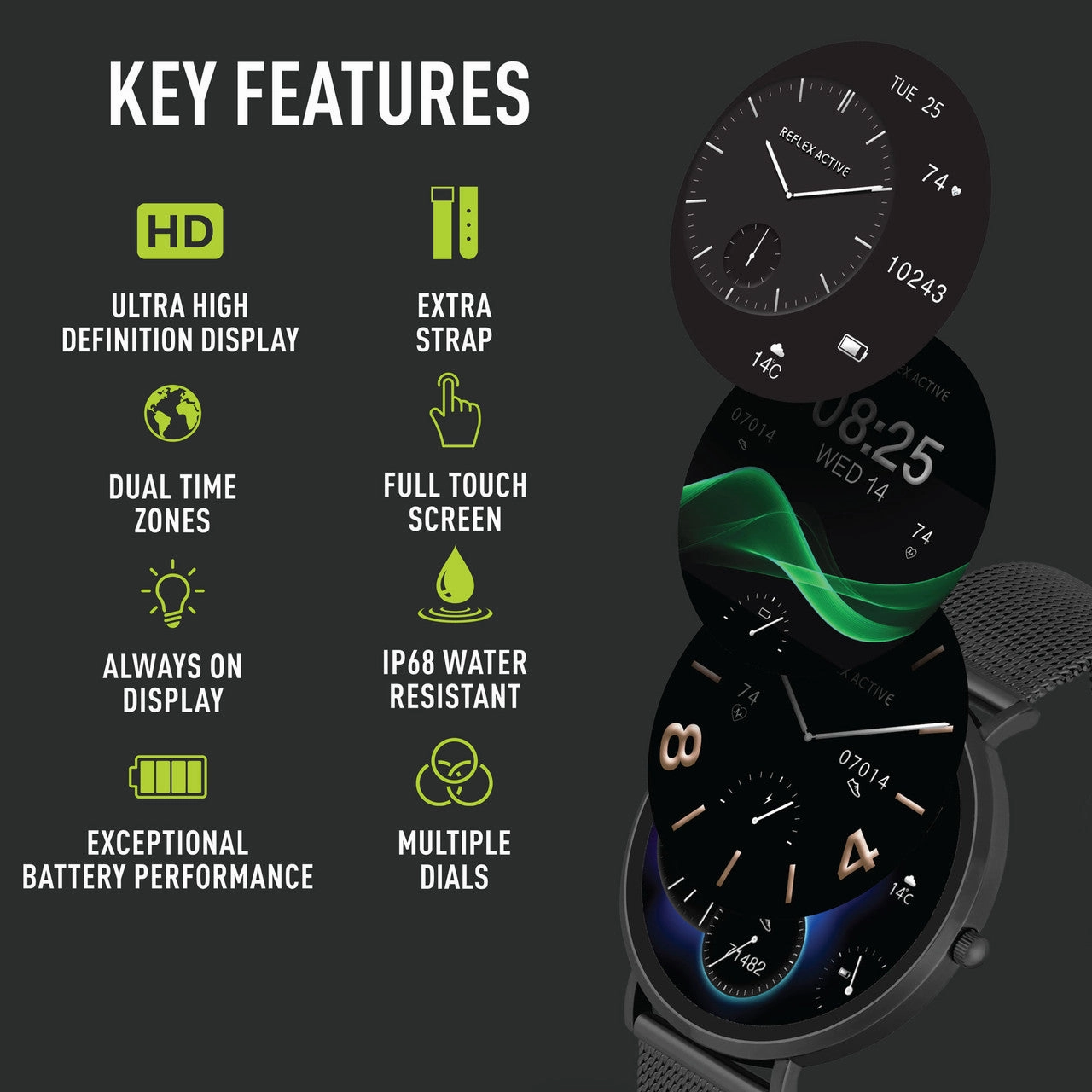 Reflex Active SERIES 42 AMOLED Ultra Slim Black Mesh   Grey Silicone Strap Smart Watch RA42-2208