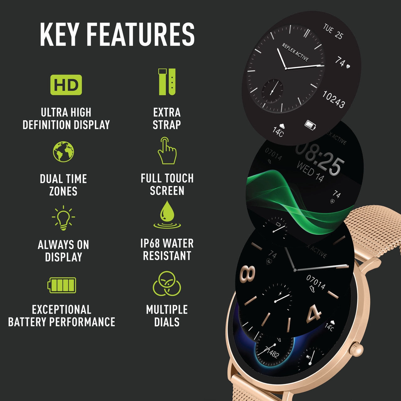 Reflex Active SERIES 42 AMOLED Ultra Slim RG Mesh   Pink Silicone Strap Smart Watch RA42-2210
