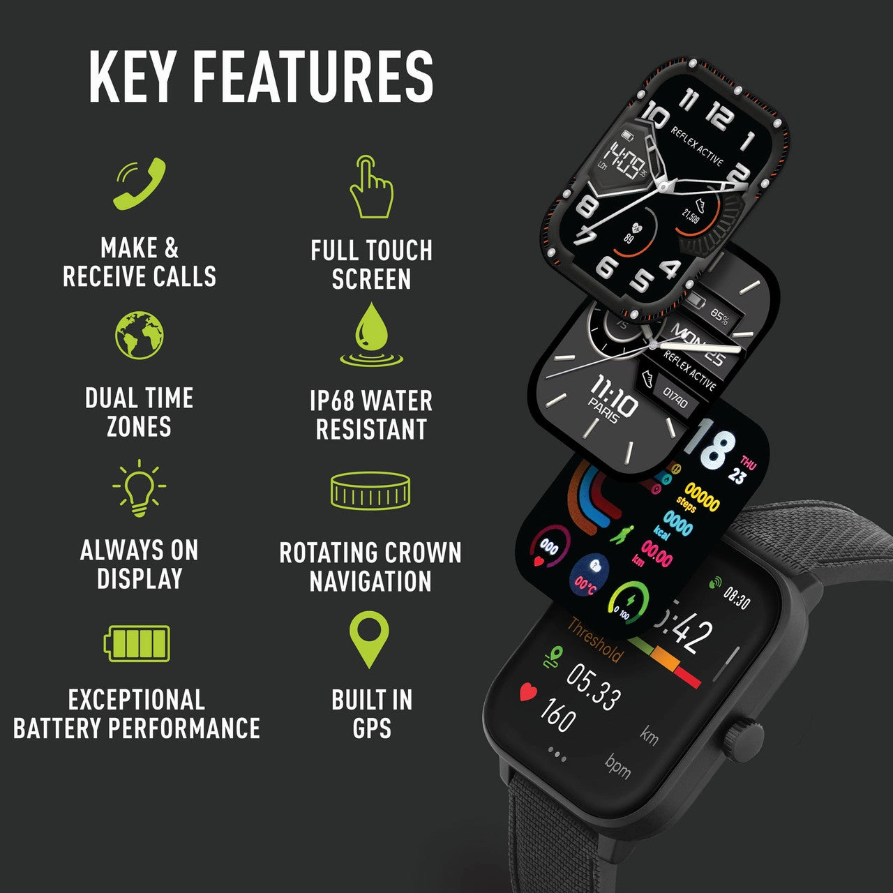 Reflex Active SERIES 44 AMOLED GPS Black Silicone Strap Smart Watch RA44-2216