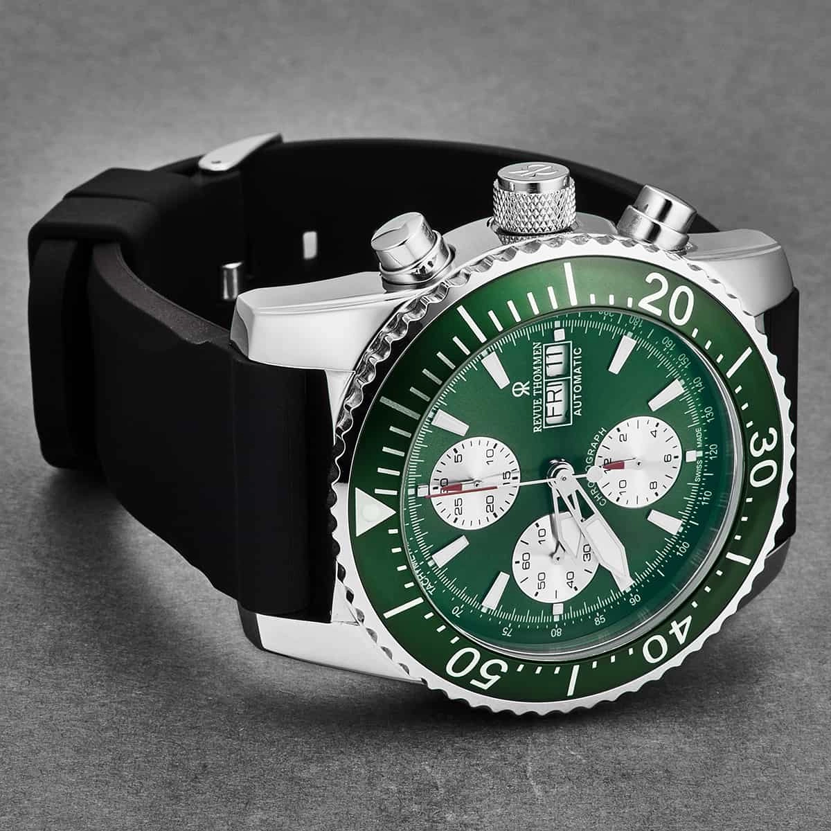 Revue Thommen Men's 17030.6531 'Divers' Green Dial Day-Date Chronograph Rubber Strap Automatic Watch