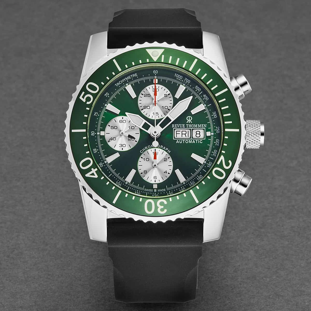 Revue Thommen Men's 17030.6531 'Divers' Green Dial Day-Date Chronograph Rubber Strap Automatic Watch