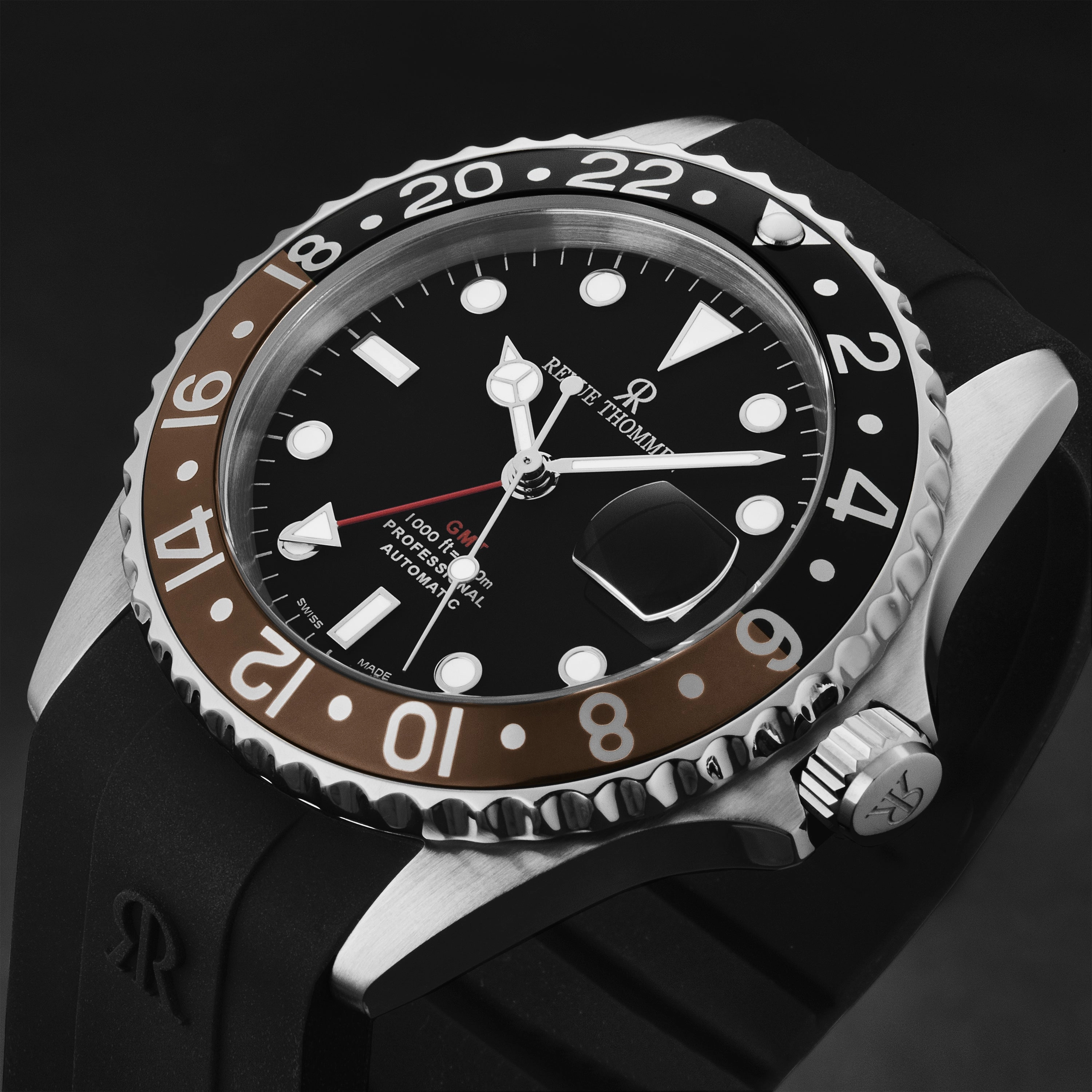 Revue Thommen Men's 'Diver' Black Dial Black and Brown Bezel GMT Automatic Watch 17572.2839