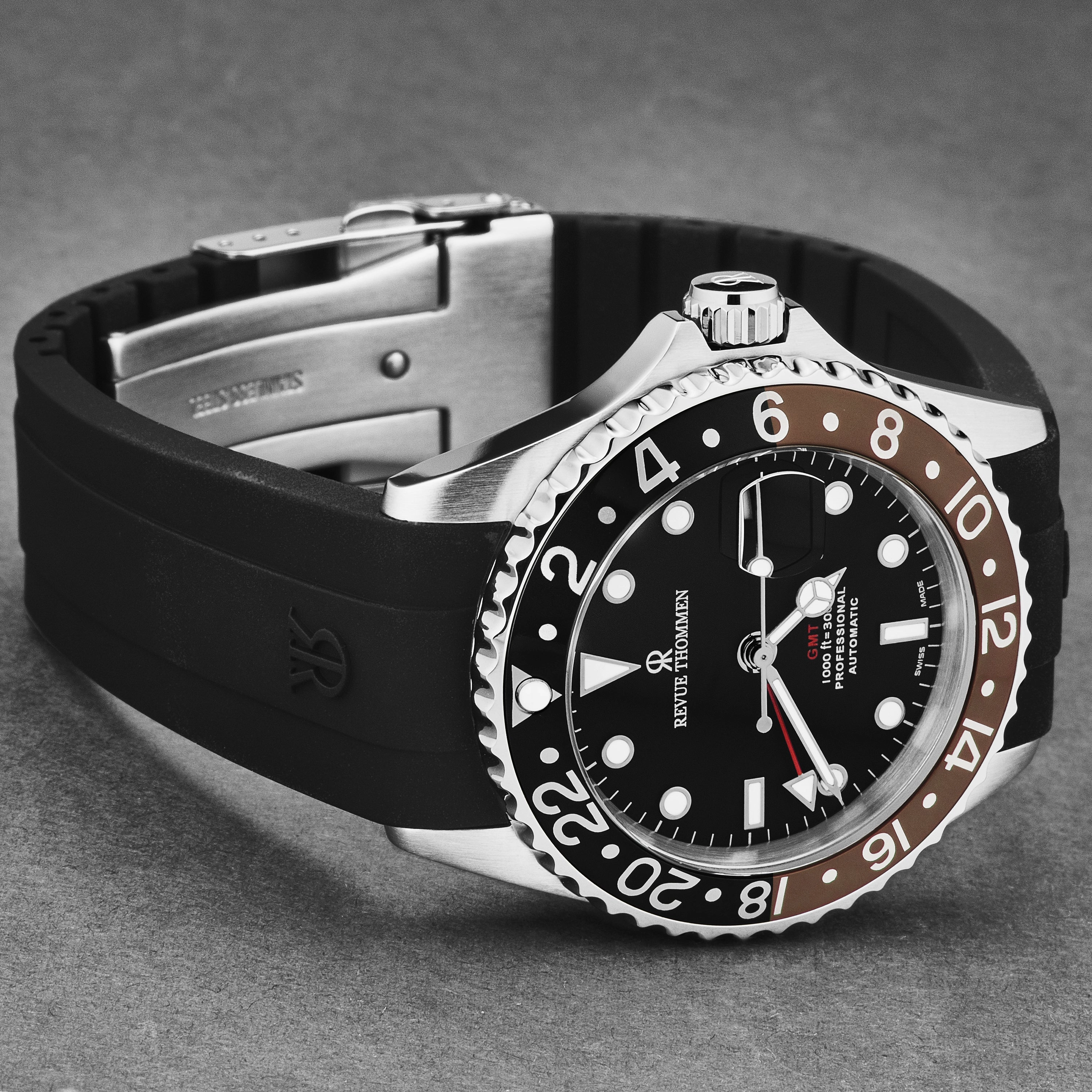 Revue Thommen Men's 'Diver' Black Dial Black and Brown Bezel GMT Automatic Watch 17572.2839