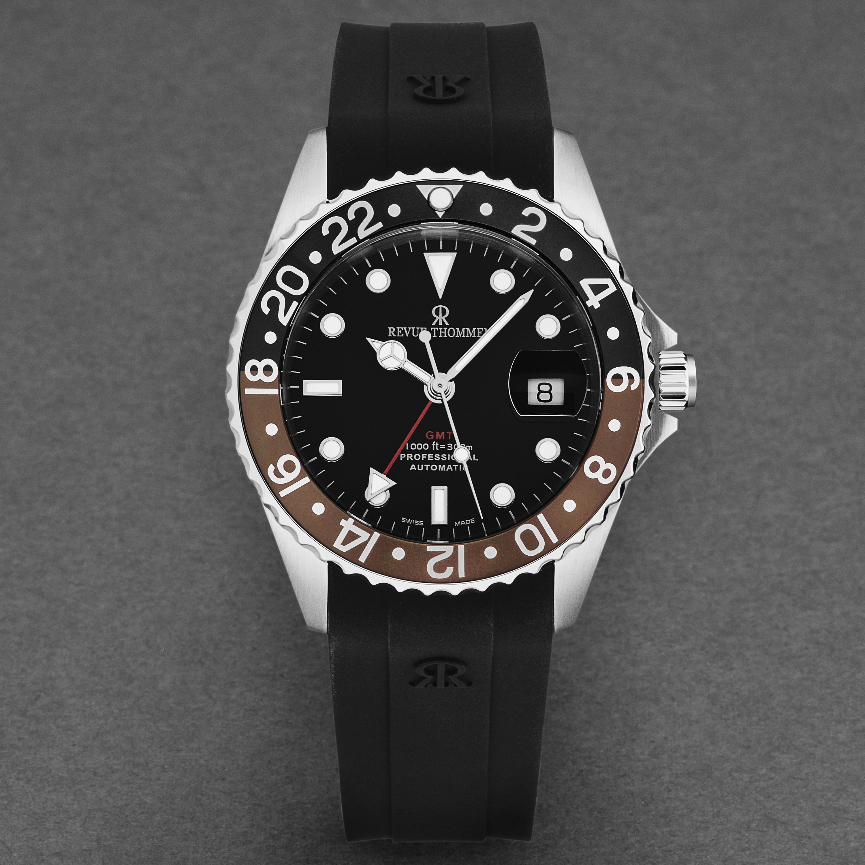 Revue Thommen Men's 'Diver' Black Dial Black and Brown Bezel GMT Automatic Watch 17572.2839