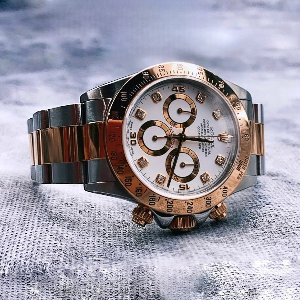 Rolex Cosmograph Daytona 40mm - Ref: 116523-0057 - White Diamond Dial & Gold Bezel, Two Tone Stainless Steel & 18K Yellow Gold Oyster Bracelet Men's Watch