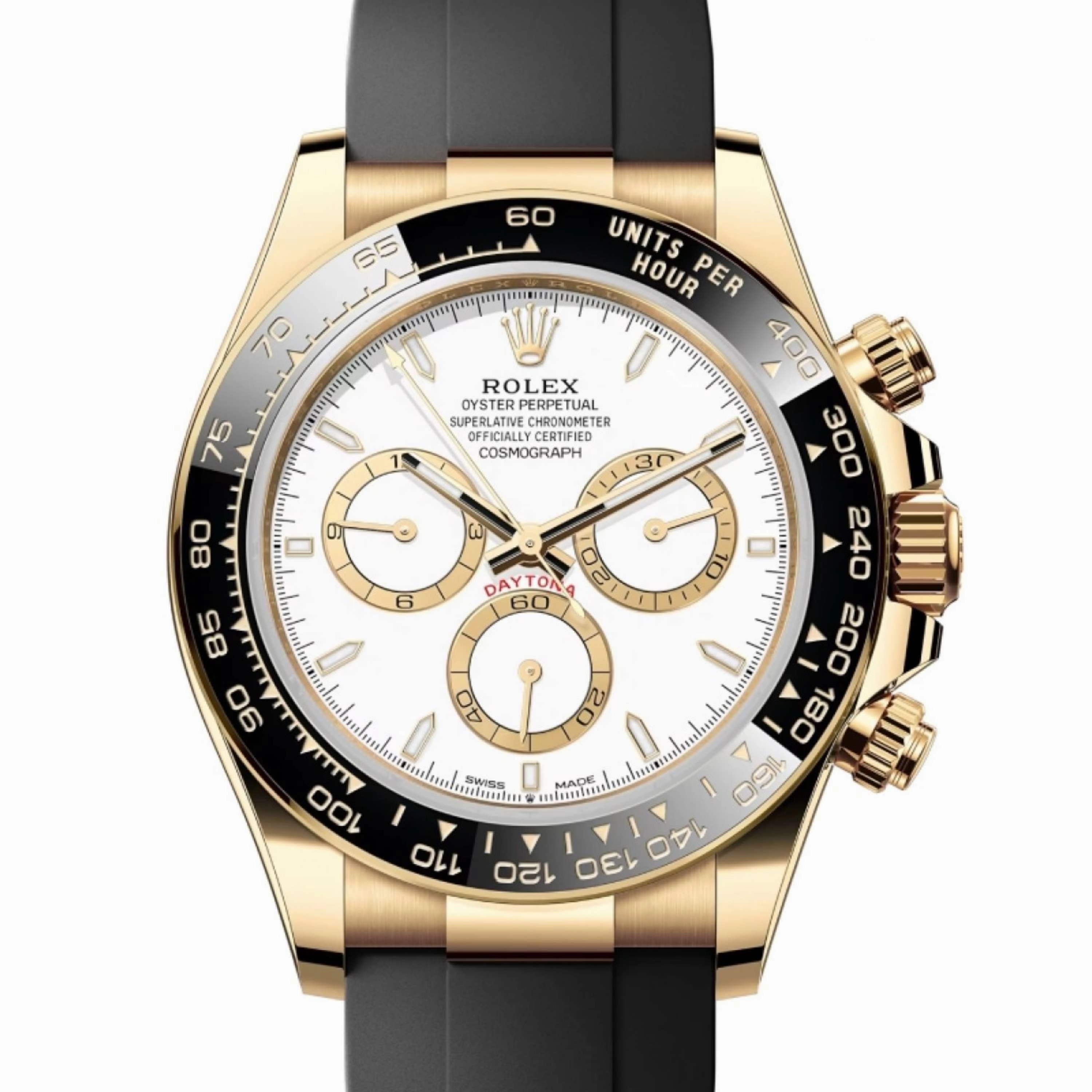 Rolex Cosmograph Daytona 40mm - Ref: 126518LN - White Index Dial & Ceramic Bezel, 18K Yellow Gold Case Black Oysterflex Bracelet Men's Watch