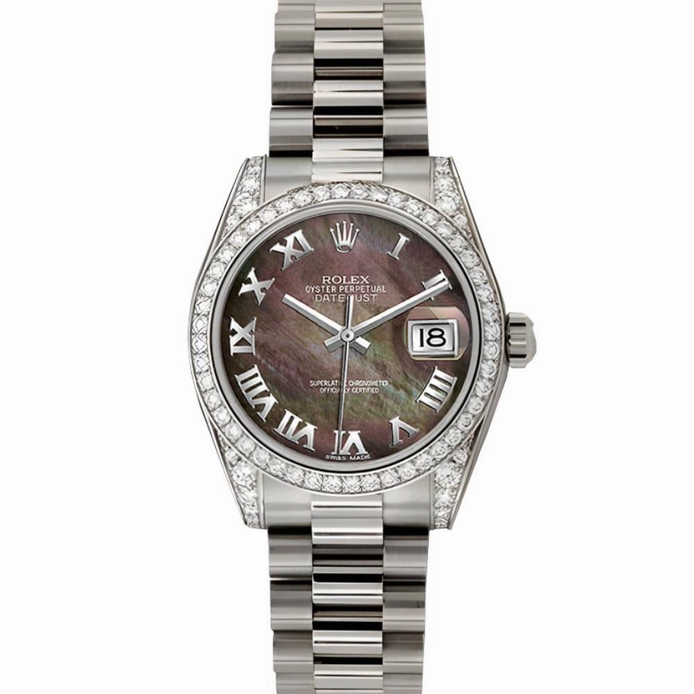 Rolex Datejust 31mm - Ref: 178159 dkmrp - Dark Mother of Pearl Dial & Diamond Bezel, 18K White Gold President Bracelet Women's Watch
